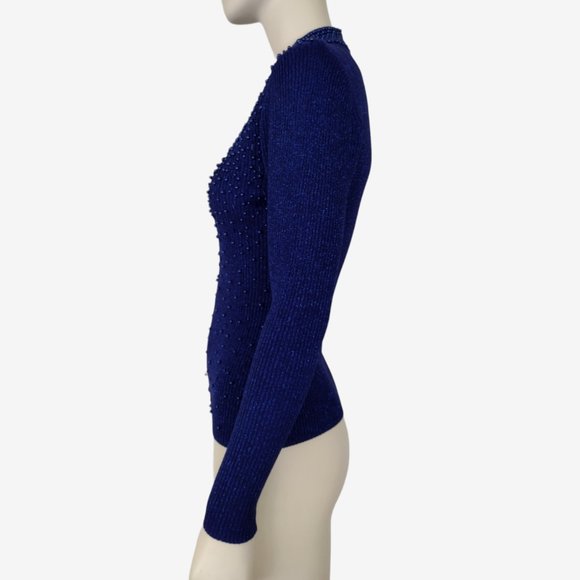 Vintage 1980s Blue Metallic Silk Beaded Stretch Knit Mock Neck Sweater - Picture 5 of 12